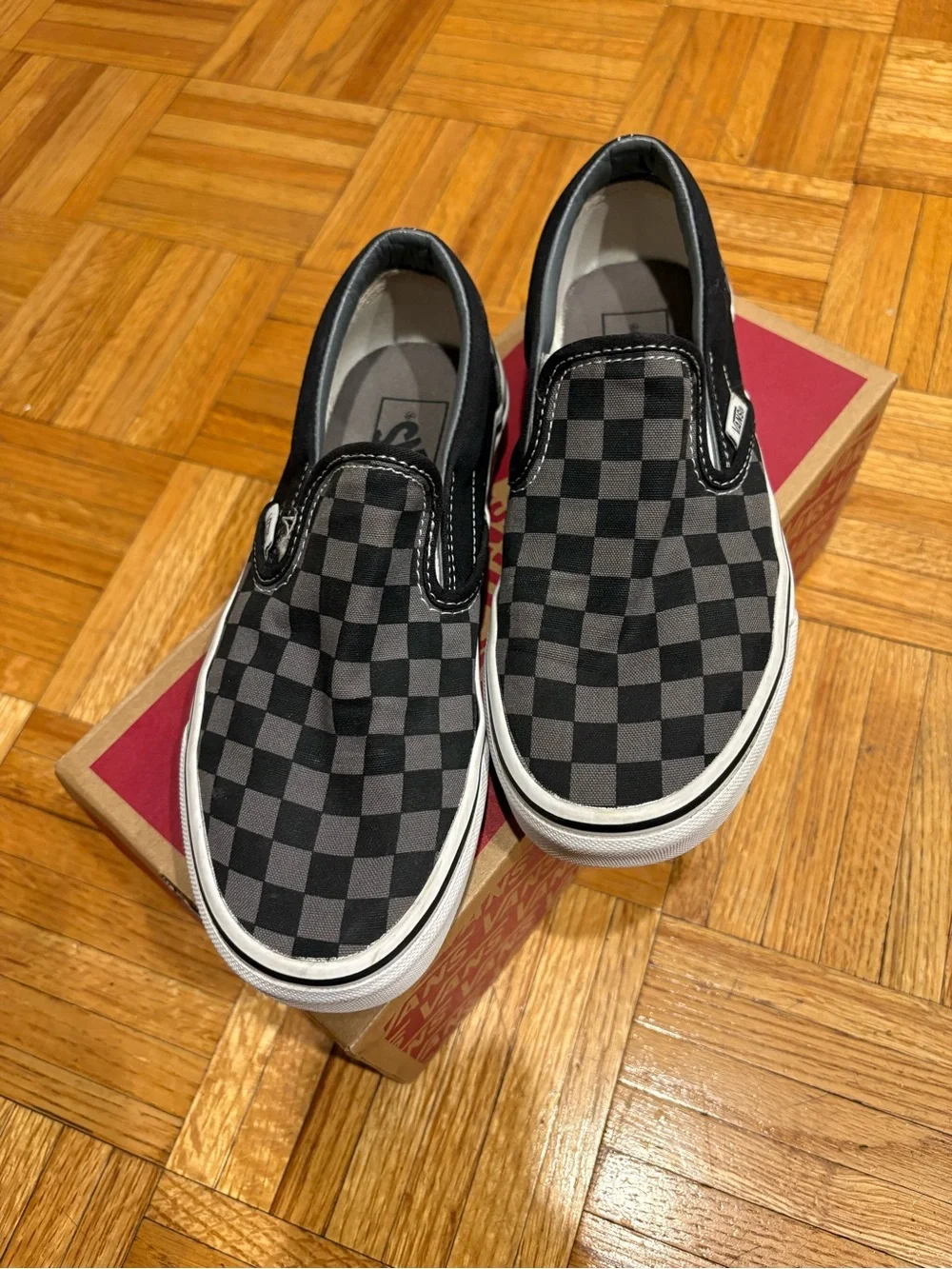 Vans Slip-On Checkerboard Sneakers - Black/Grey with White Sole (M: 5 / W: 6.5) - Picture 2 of 5